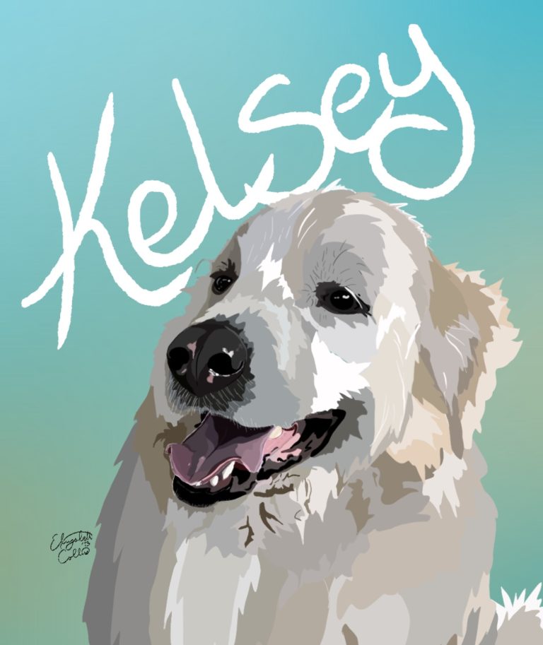 An illustration of Kelsey, a Great Pyrenees, who was dog of the month at Puptown Lounge Dog Daycare